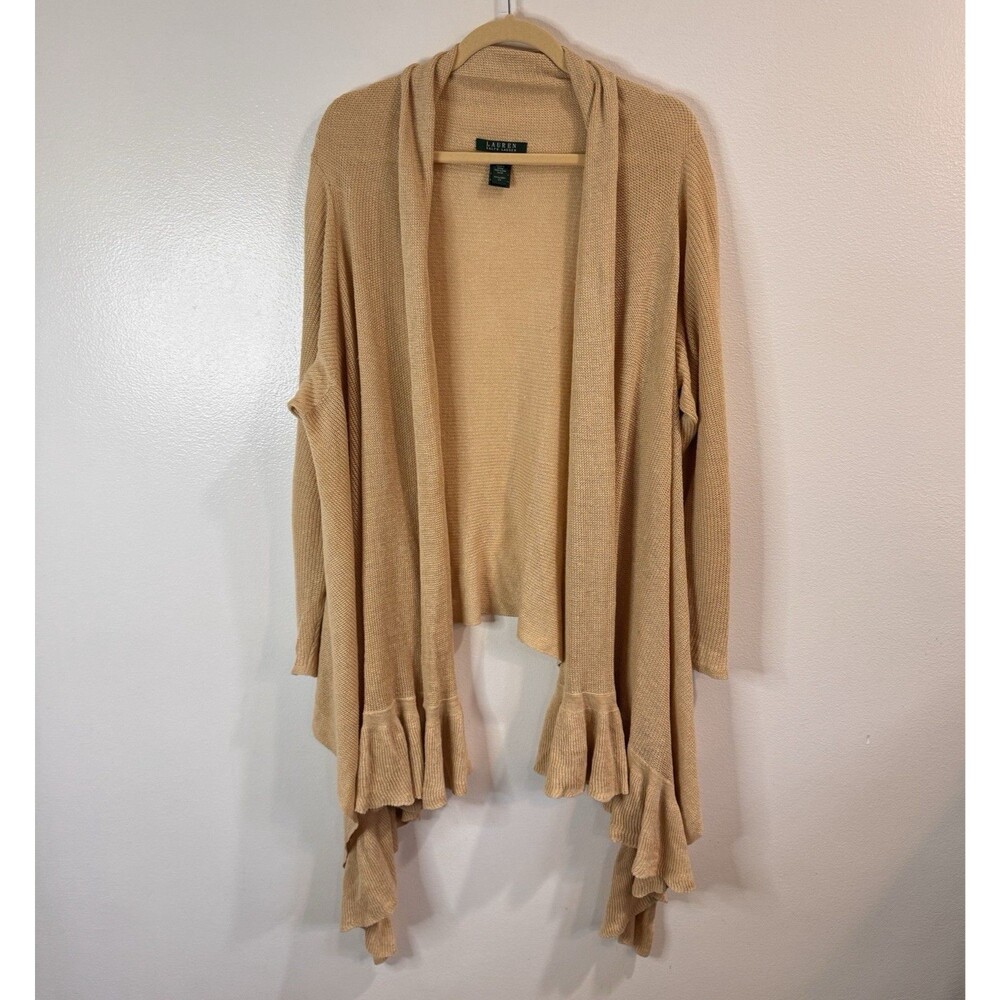 Lauren Ralph Lauren Cardigan Sweater OS 100% Linen Knit Ruffle Drape Tan Beige